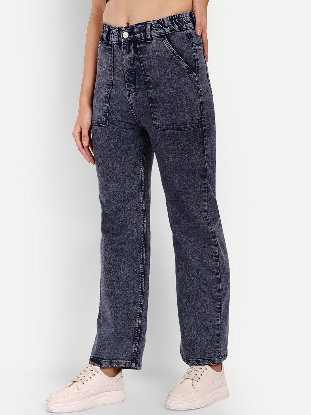

BROADSTAR Women Smart Wide Leg High-Rise Mildly Distressed Heavy Fade Stretchable Jeans, Navy blue