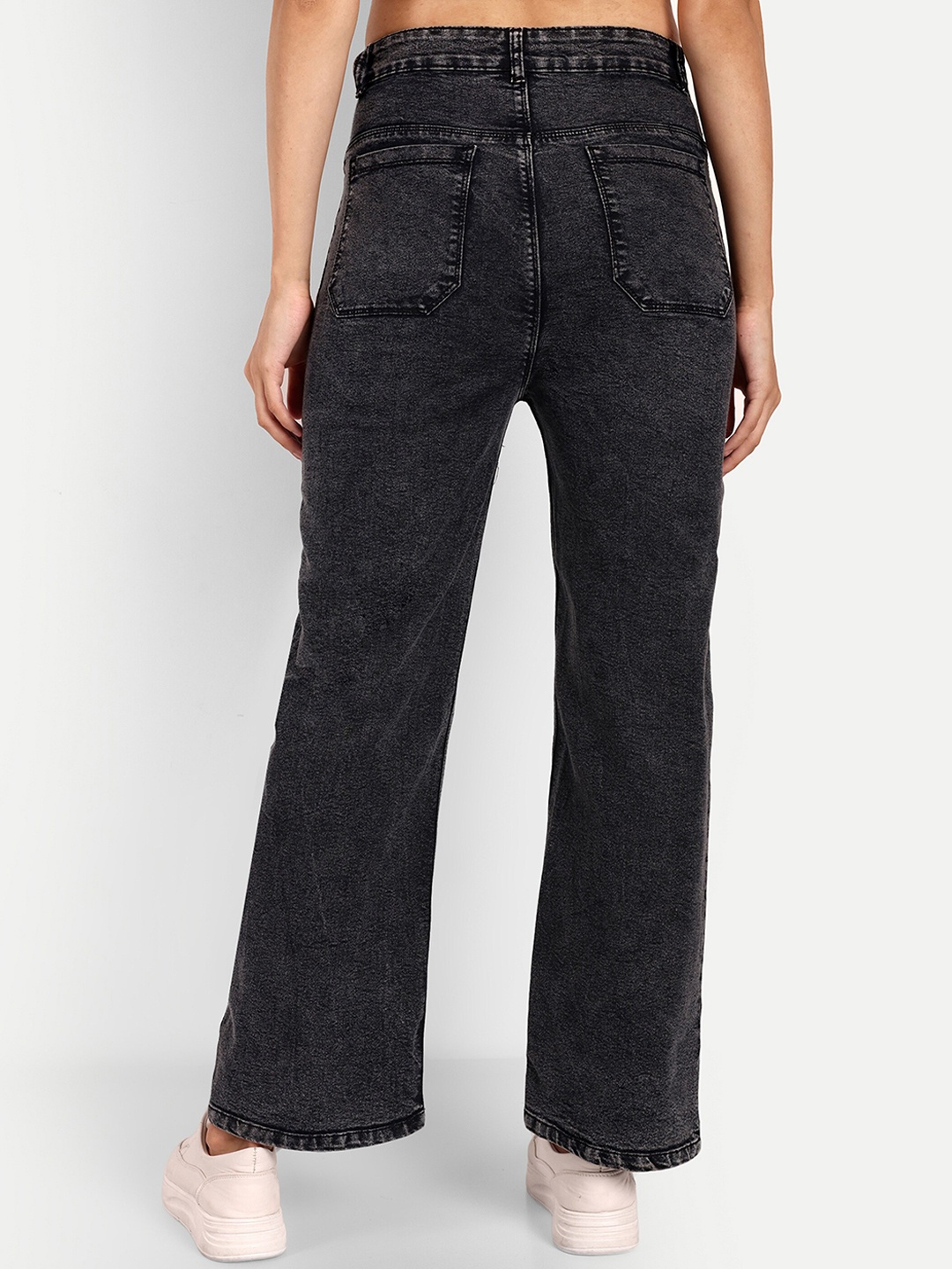 

BROADSTAR Women Smart Wide Leg High-Rise Highly Distressed Stretchable Jeans, Black