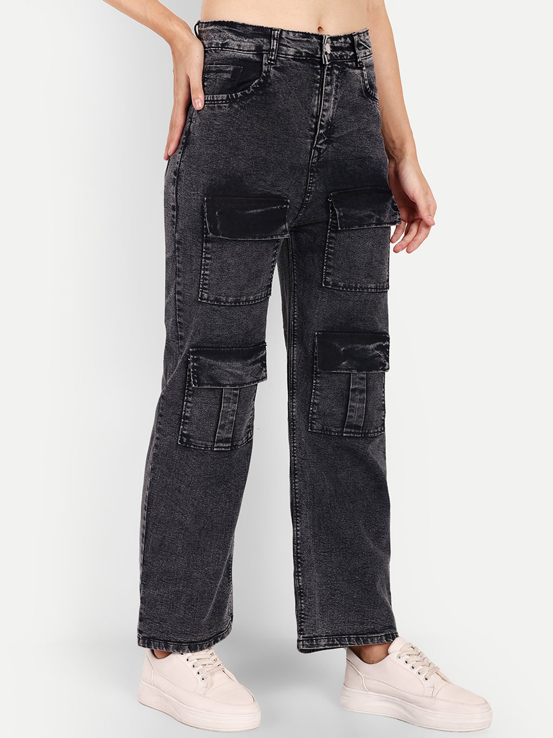 

BROADSTAR Women Smart Wide Leg High-Rise Mildly Distressed Heavy Fade Stretchable Jeans, Black