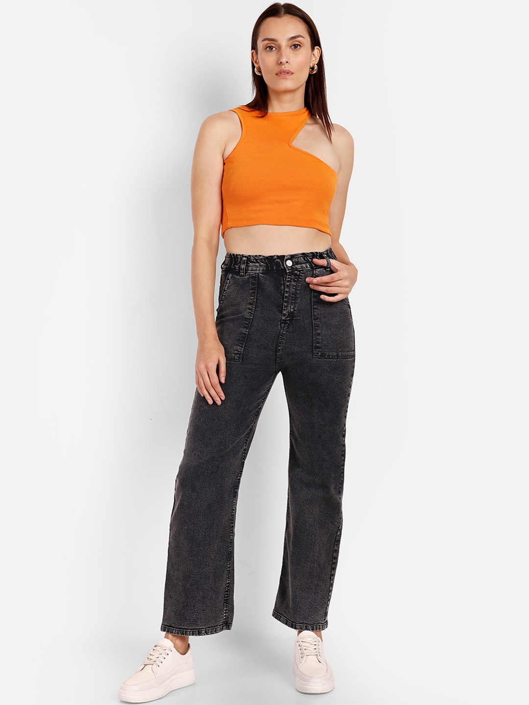 

BROADSTAR Women Smart Wide Leg High-Rise Heavy Fade Stretchable Jeans, Black