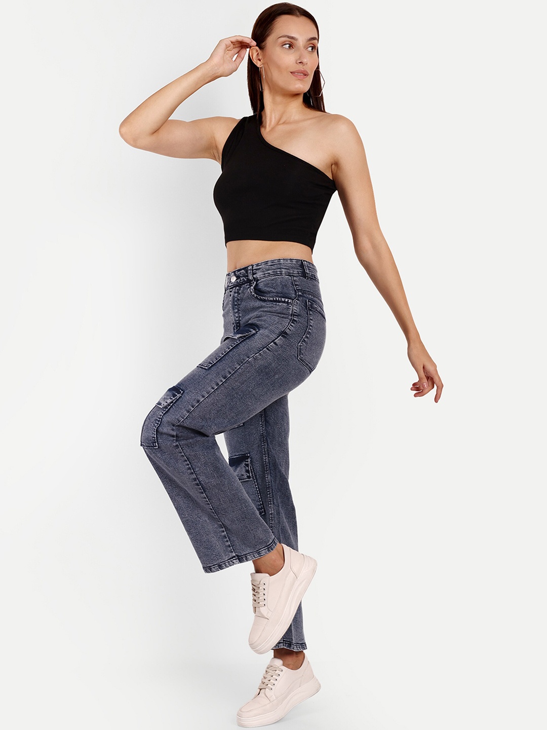 

BROADSTAR Women Smart Wide Leg High-Rise Slash Knee Stretchable Jeans, Navy blue