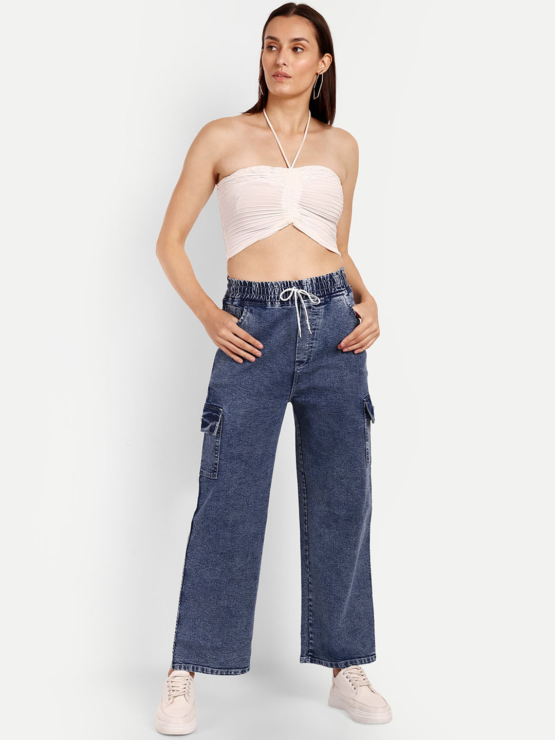 

BROADSTAR Women Smart Wide Leg High-Rise Mildly Distressed Stretchable Jeans, Blue