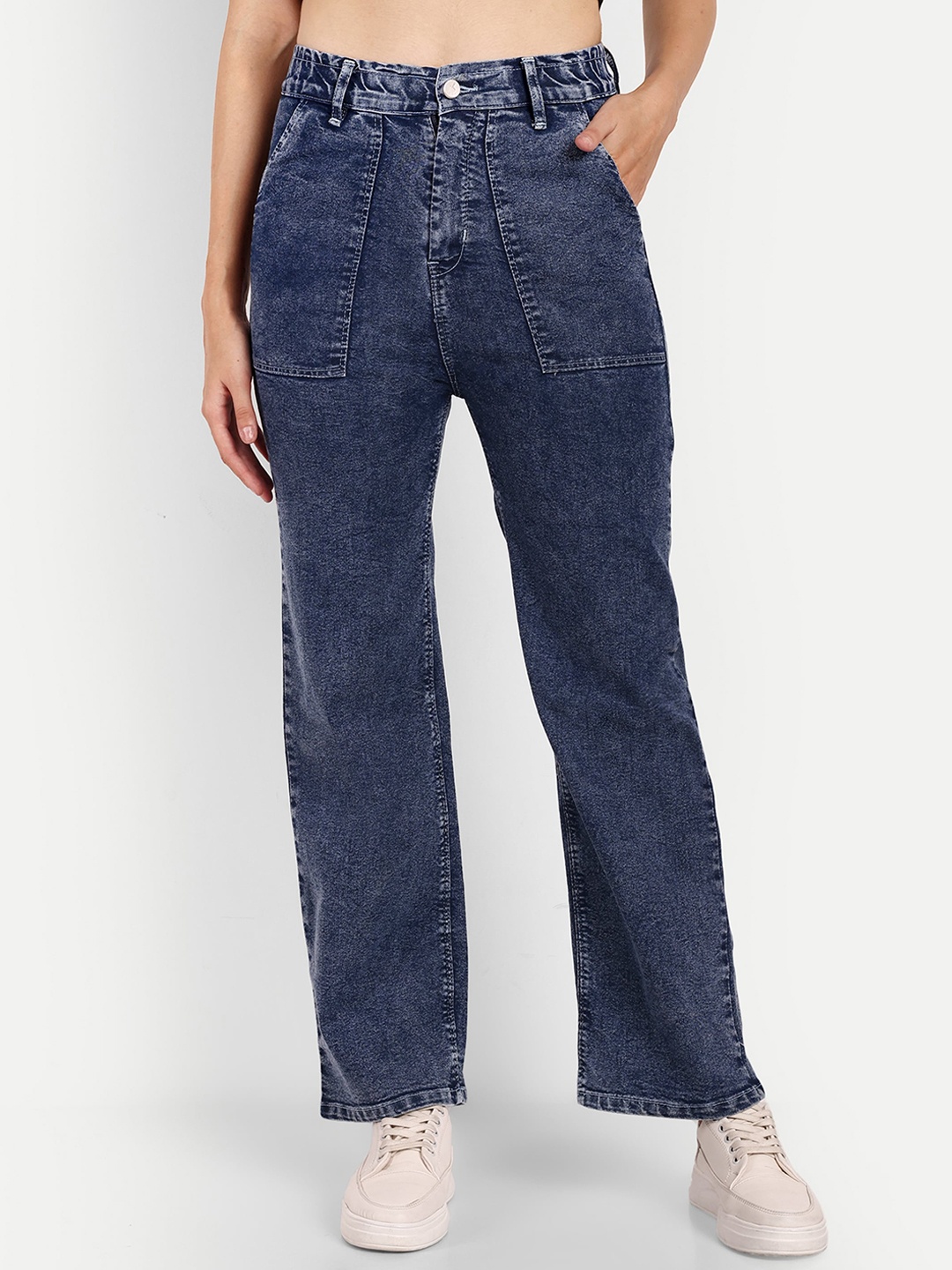 

BROADSTAR Women Smart High-Rise Clean Look Light Fade Wide Leg Stretchable Jeans, Blue