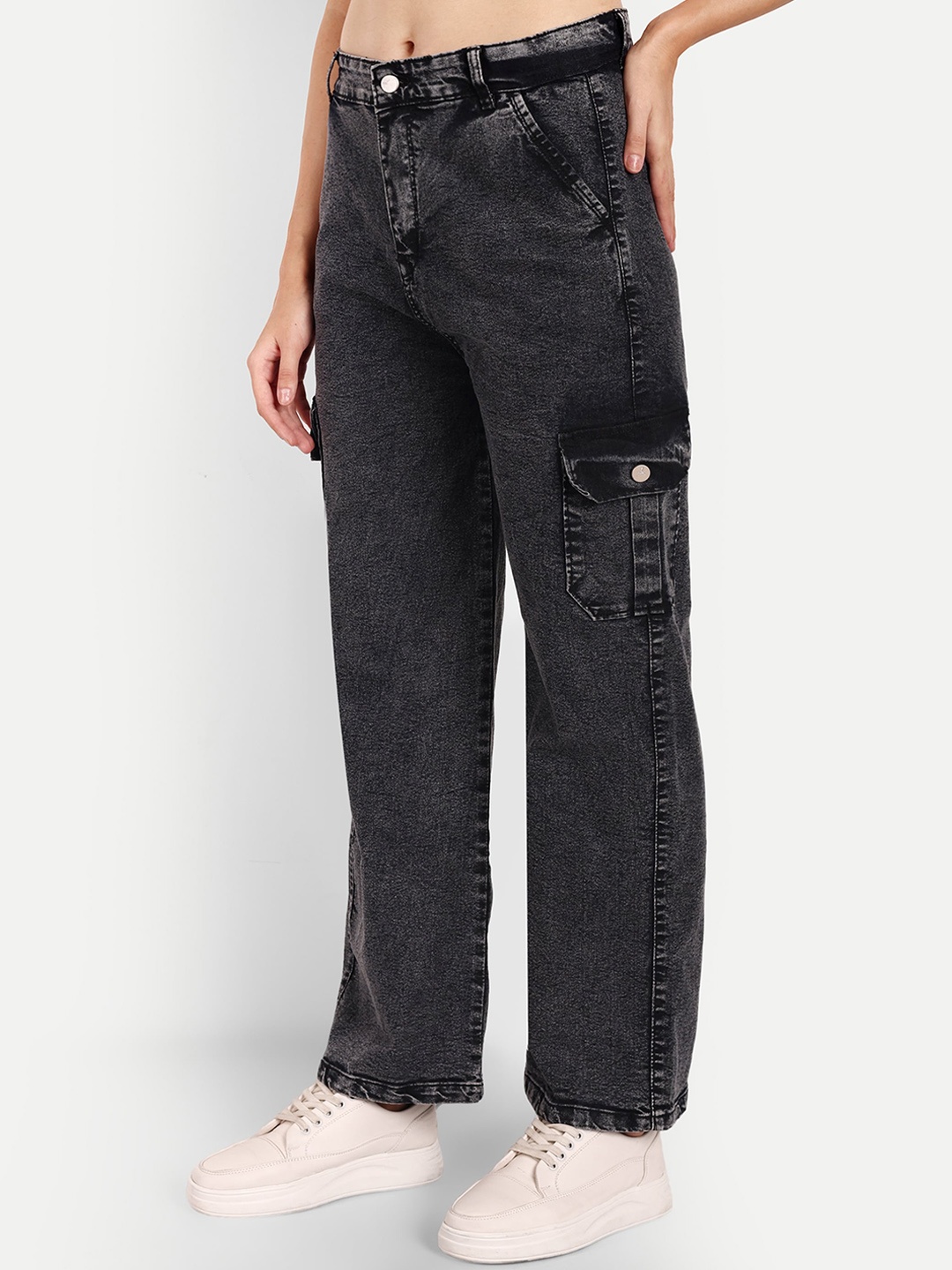 

BROADSTAR Women Smart High-Rise Clean Look Heavy Fade Wide Leg Stretchable Jeans, Black