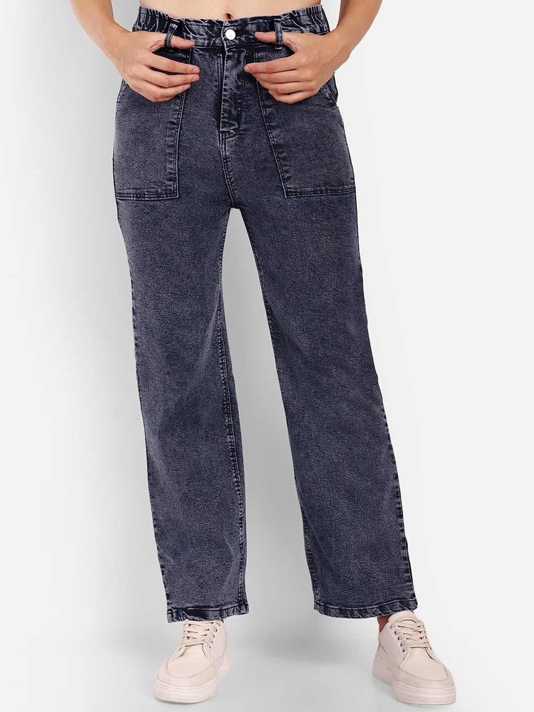 

BROADSTAR Women Smart High-Rise Clean Look Wide Leg Stretchable Jeans, Navy blue