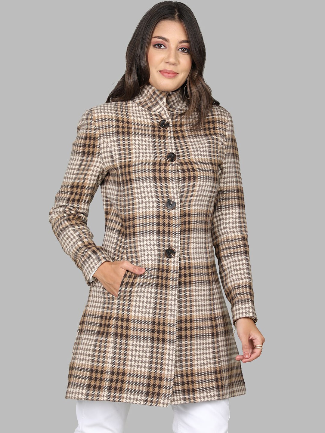 

Dlanxa Checked Single Breasted Wool Overcoat, Brown
