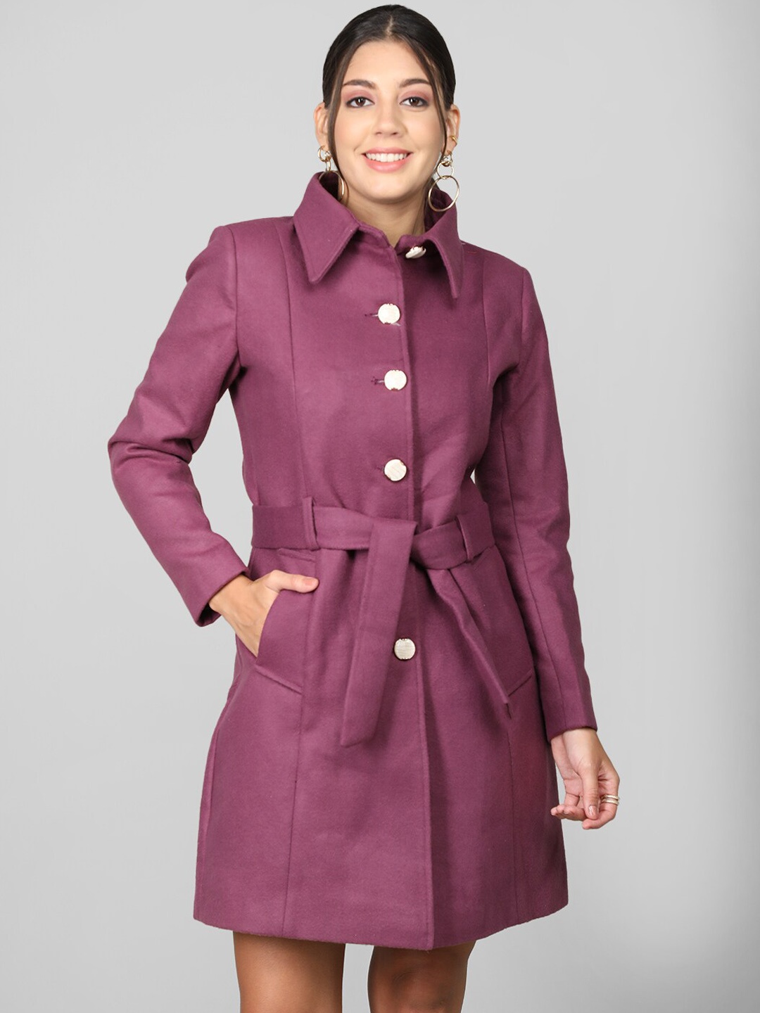 

Dlanxa Belted Waist Single Breasted Wool Trench Coat, Purple