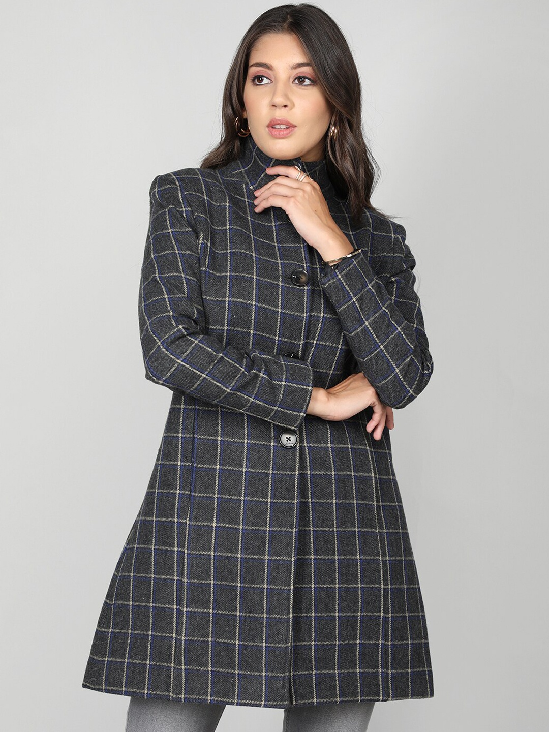 

Dlanxa Checked Single-Breasted Wool Overcoat, Grey
