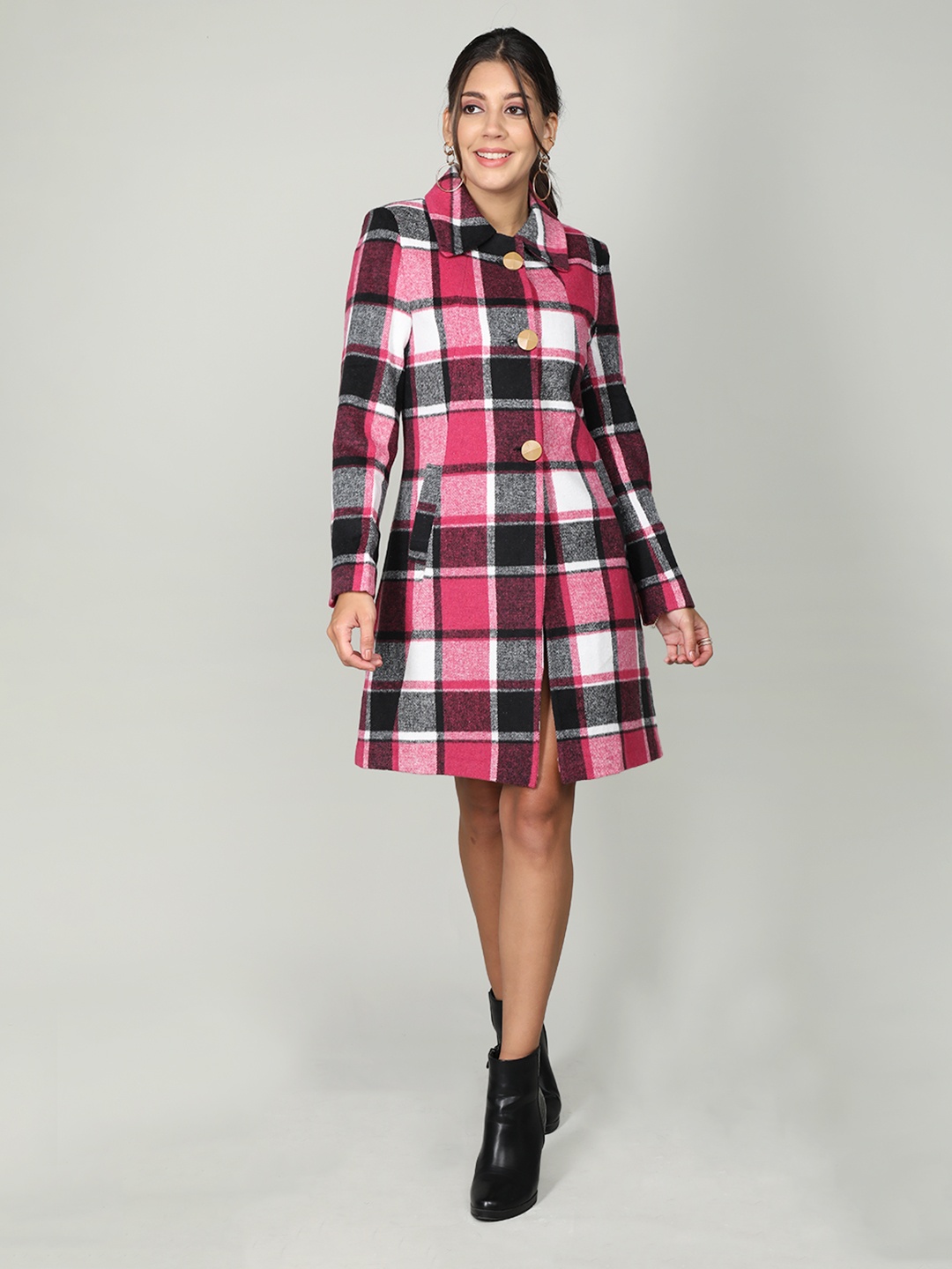 

Dlanxa Checked Spread Collar Single-Breasted Woollen Overcoat, Pink