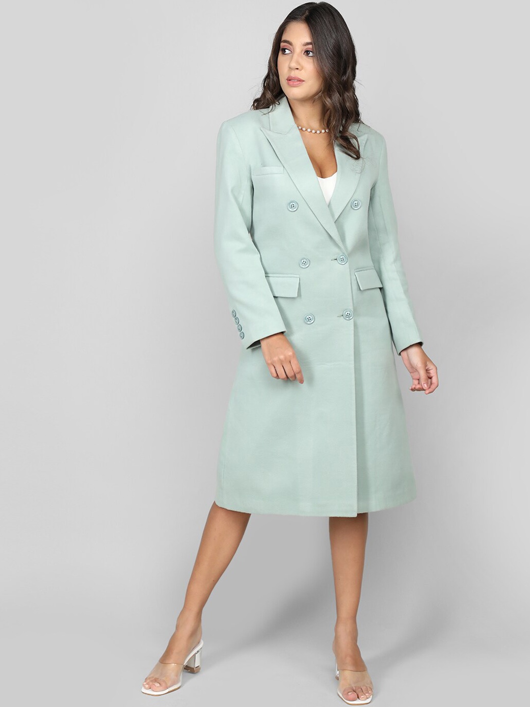 

Dlanxa Double-Breasted Longline Woollen Overcoat, Sea green