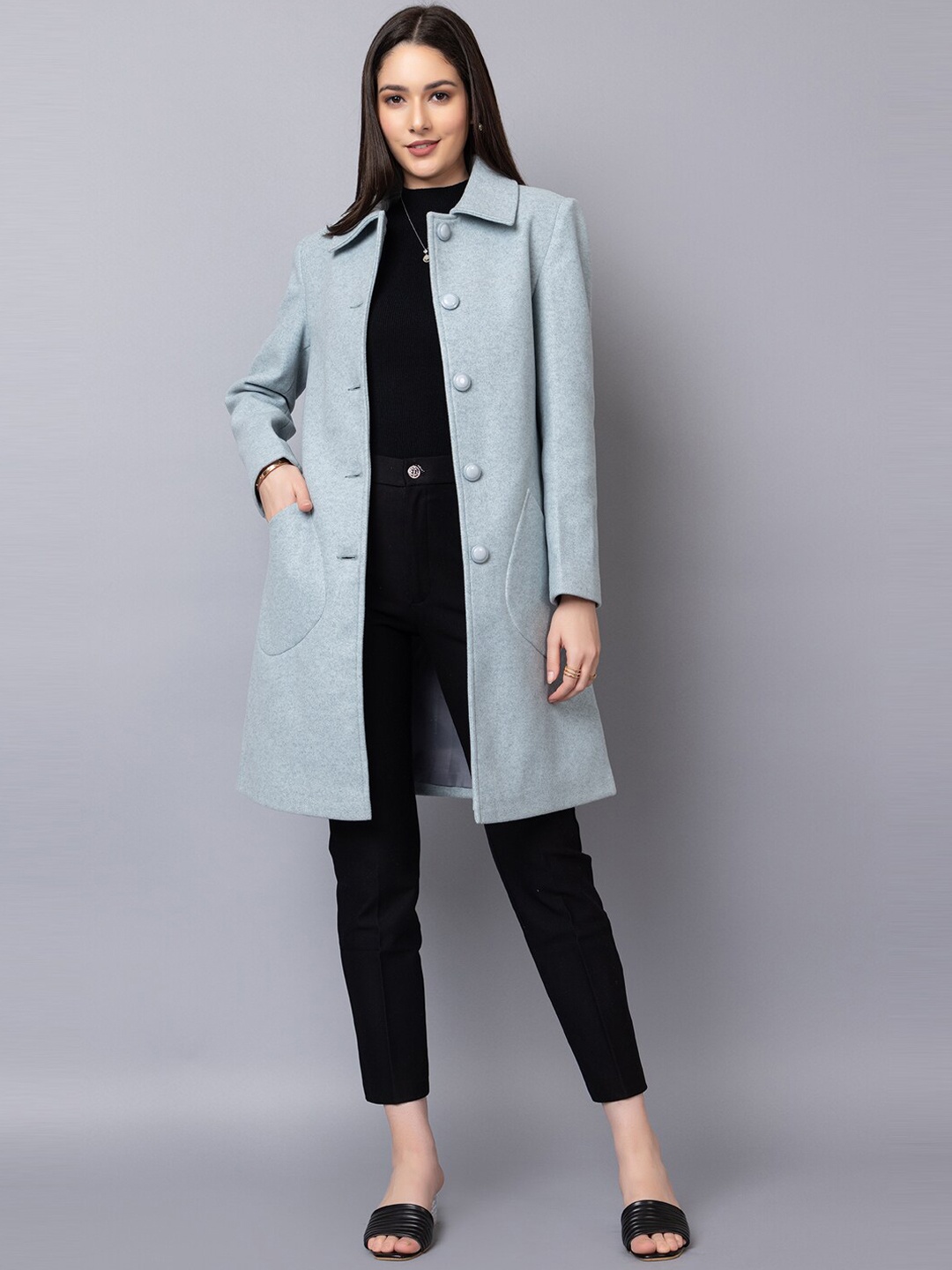 

Dlanxa Single-Breasted Longline Woollen Overcoat, Blue