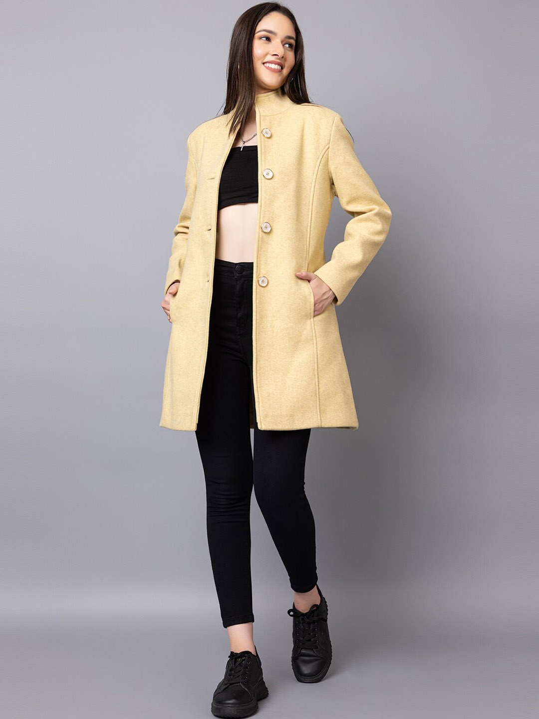 

Dlanxa Single-Breasted Longline Woollen Overcoat, Beige
