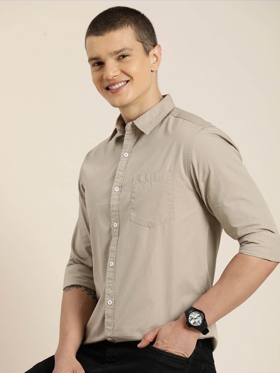 

HERE&NOW Men Slim Fit Opaque Pure Cotton Casual Shirt, Khaki