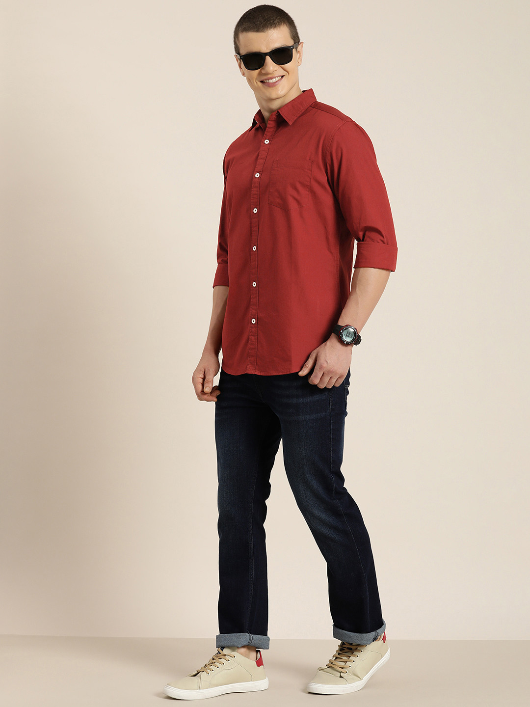 

HERE&NOW Men Slim Fit Opaque Pure Cotton Casual Shirt, Maroon