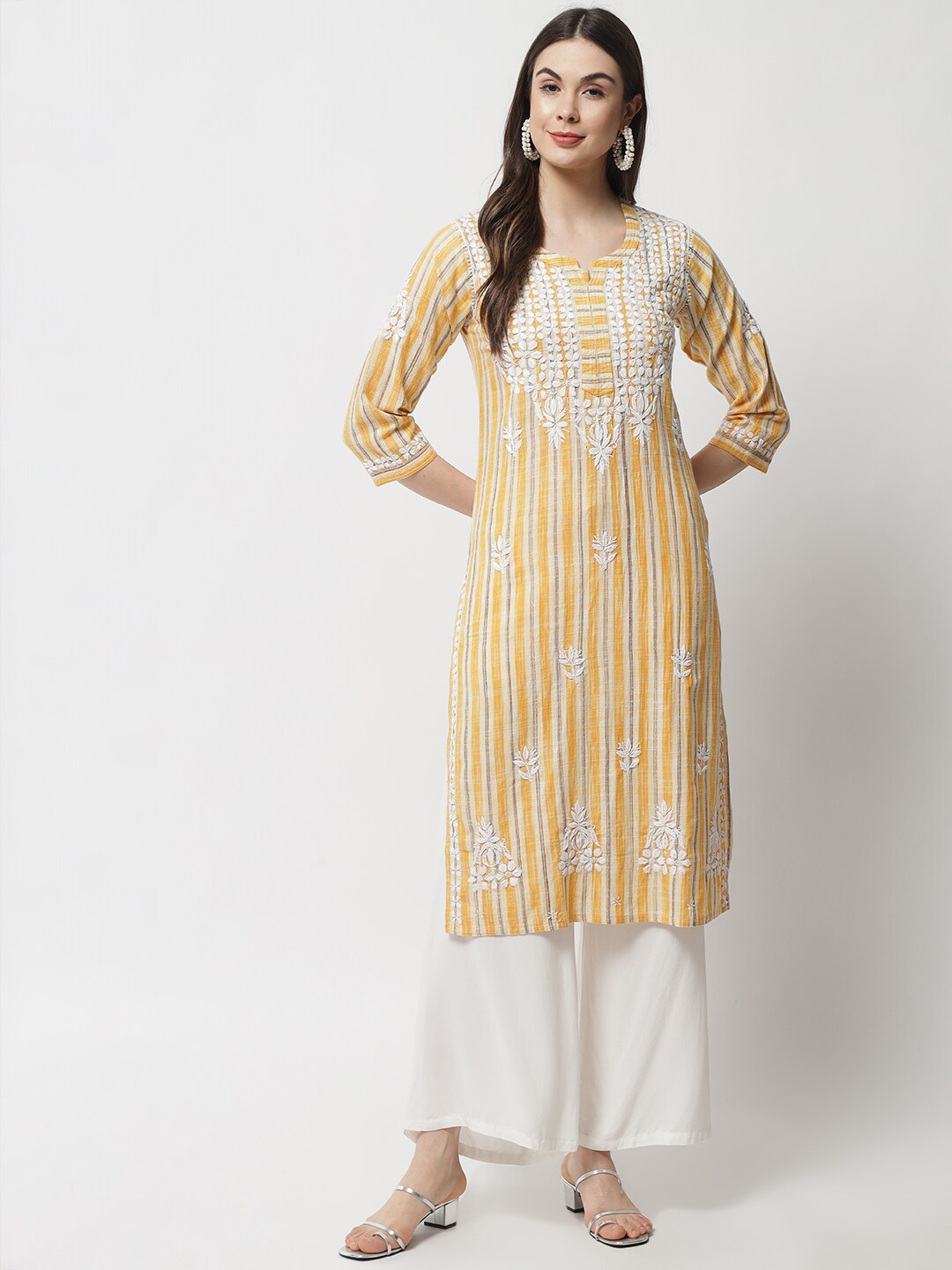 

Ethnava Striped Thread Work Detailed Cotton Straight Kurta, Yellow