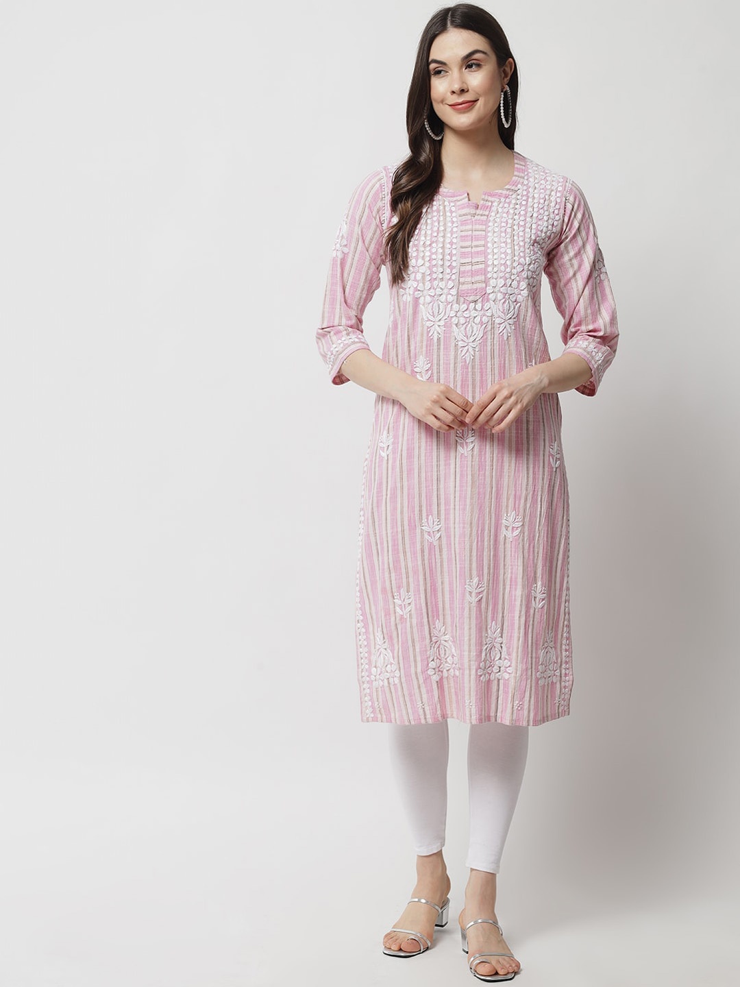 

Ethnava Striped Thread Work Detailed Cotton Straight Kurta, Pink