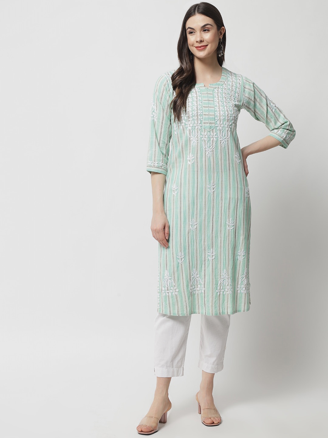 

Ethnava Striped Thread Work Detailed Cotton Straight Kurta, Green