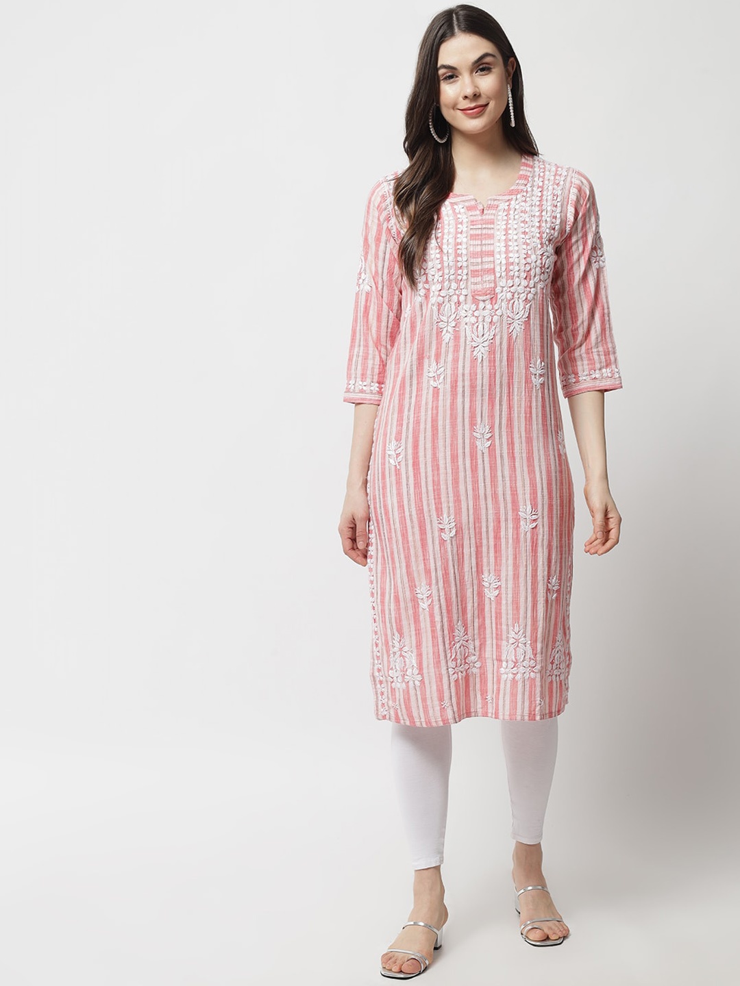 

Ethnava Striped Thread Work Detailed Cotton Straight Kurta, Red