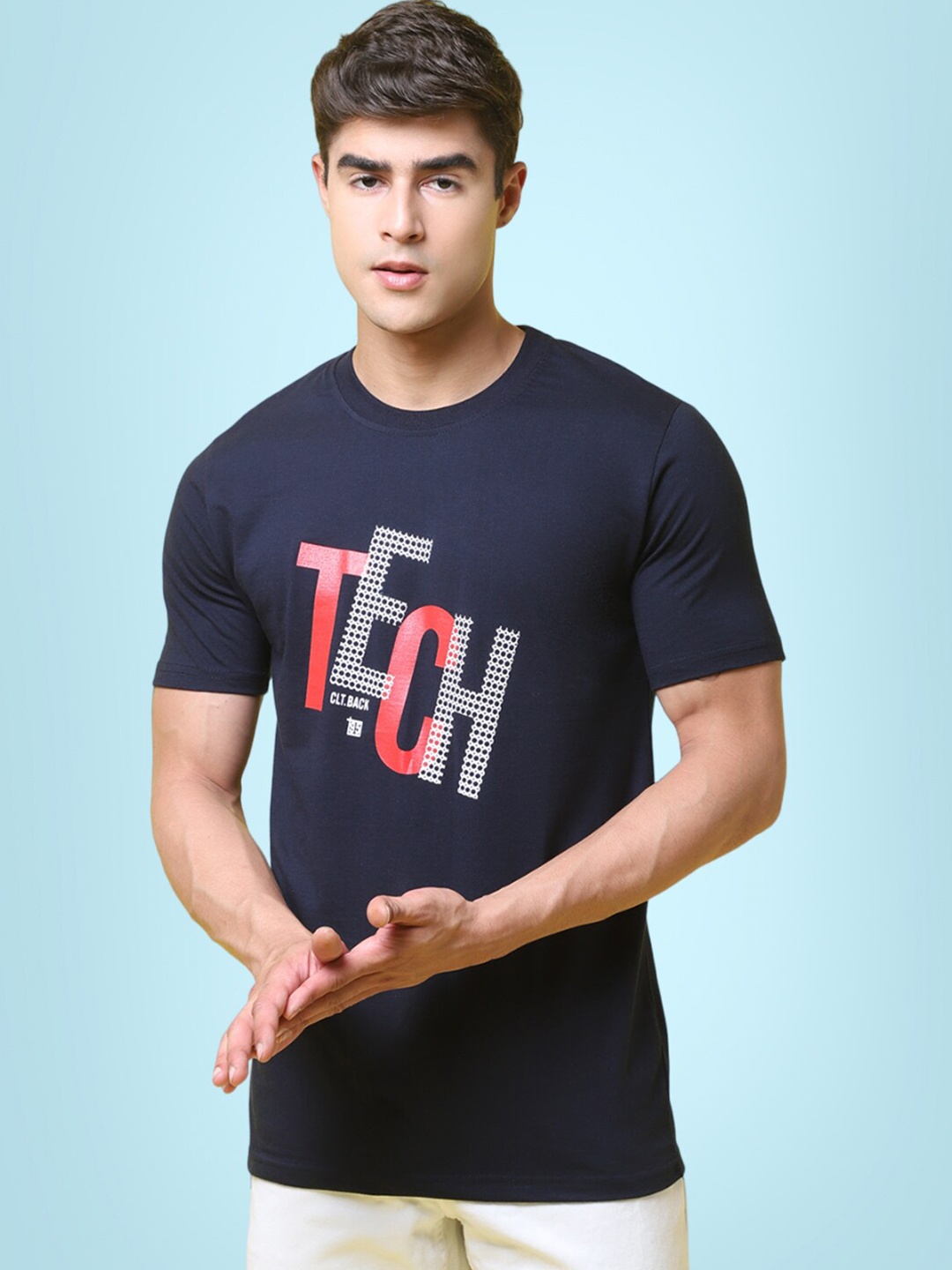 

7Threads Typography Printed Round Neck Pure Cotton T-shirt, Blue
