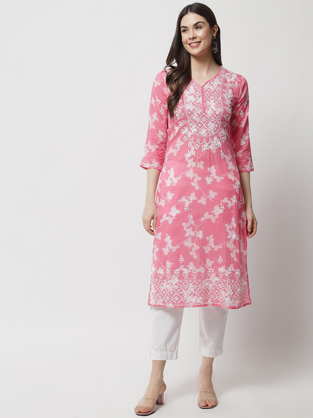 

Ethnava Ethnic Motifs Printed Thread Work Cotton Silk Straight Kurta, Pink