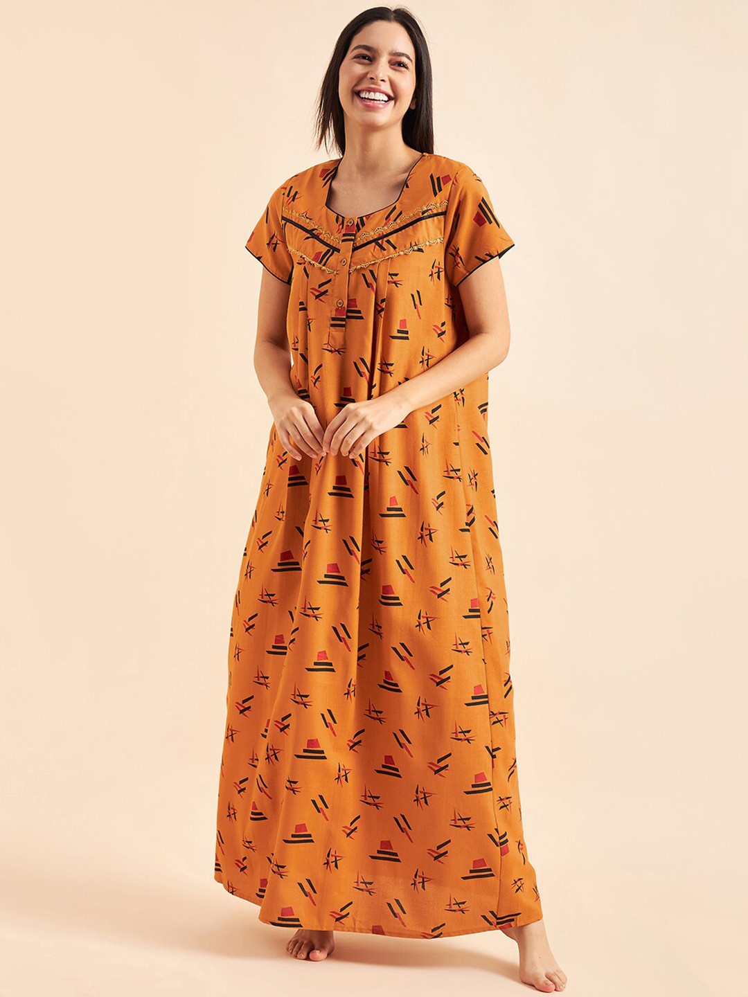 

Sweet Dreams Mustard Yellow & Black Geometeric Printed Maxi Pure Cotton Nightdress