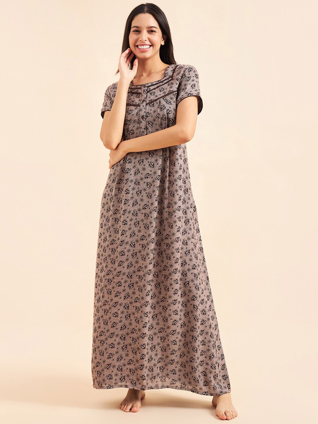 

Sweet Dreams Brown & Beige Ethnic Motifs Printed Maxi Pure Cotton Nightdress