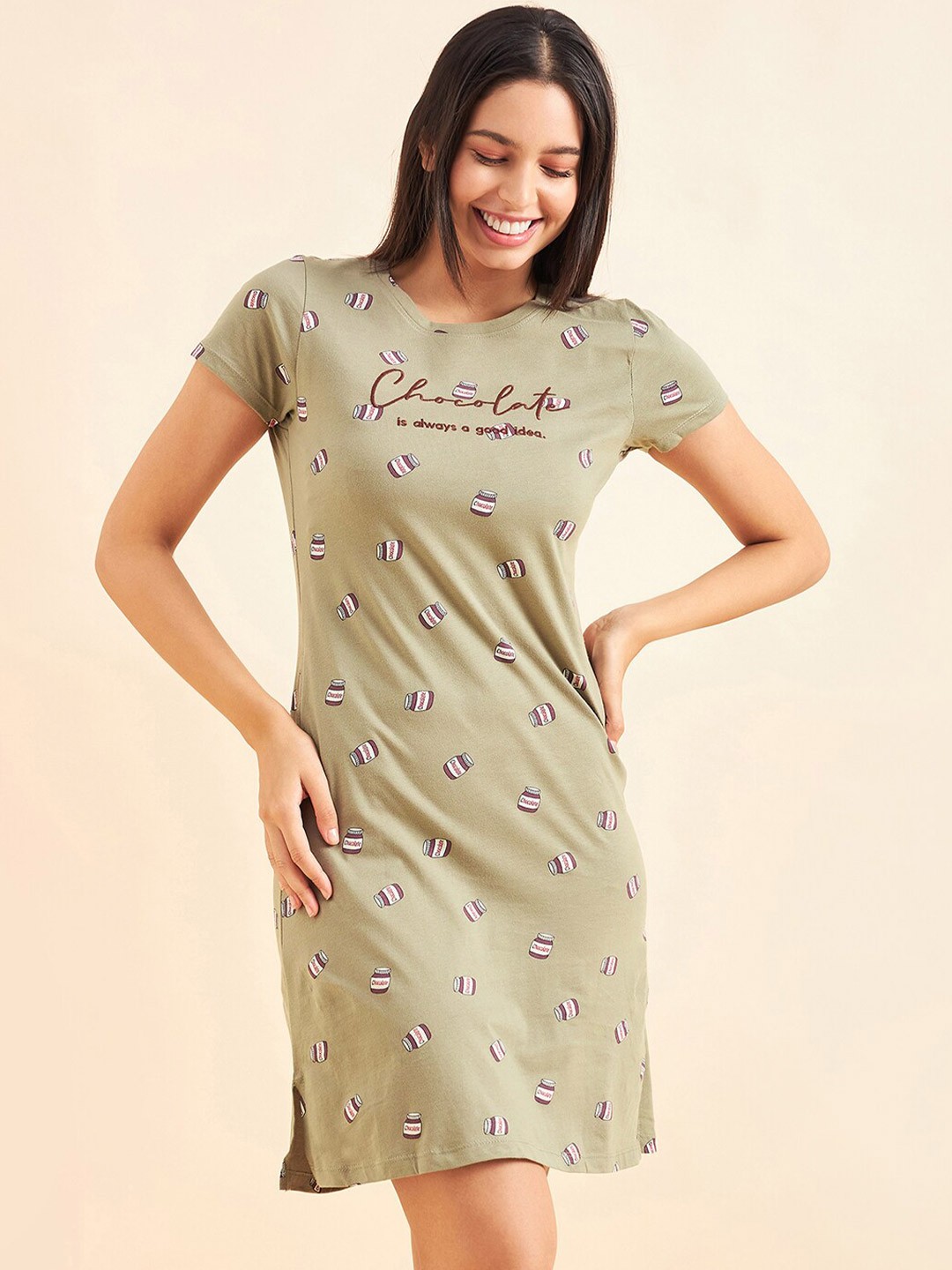 

Sweet Dreams Green & purple Conversational Printed Pure Cotton T-Shirt Nightdress