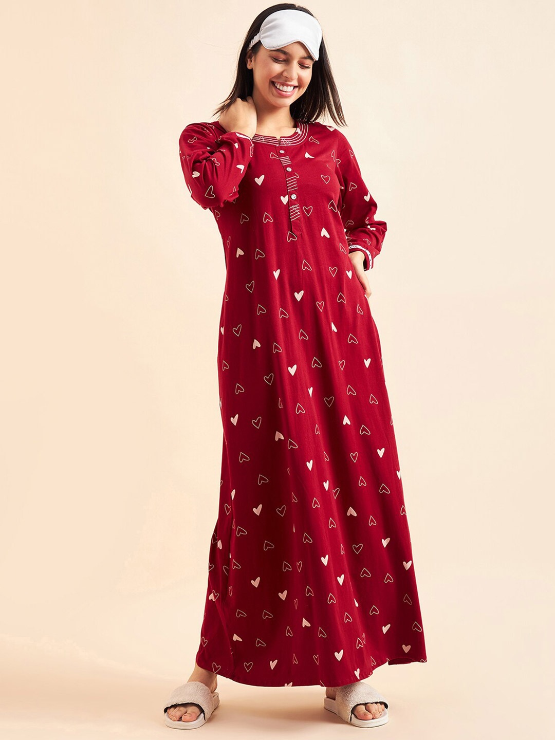 

Sweet Dreams Maroon & White Conversational Printed Maxi Pure Cotton Nightdress