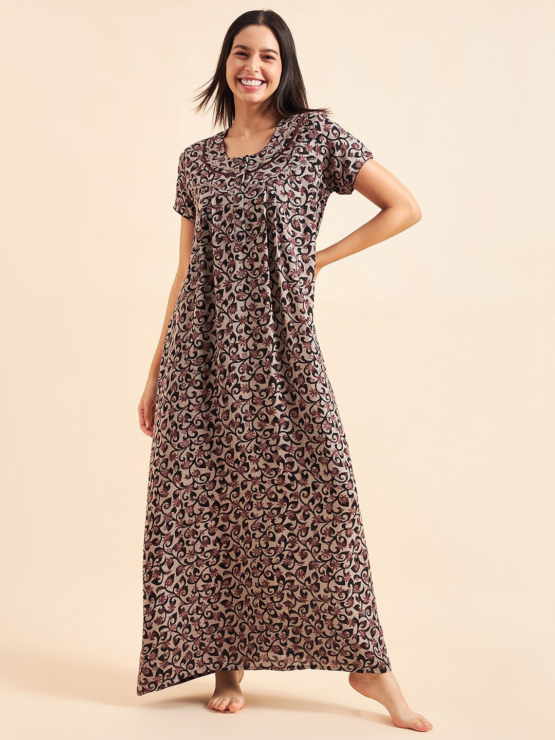 

Sweet Dreams Taupe & Black Floral Printed Maxi Pure Cotton Nightdress