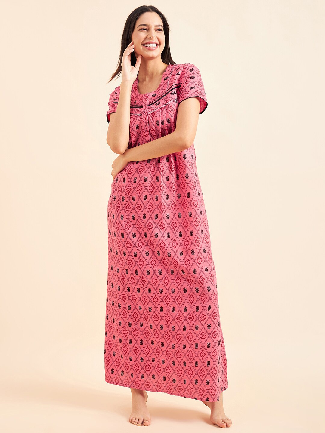 

Sweet Dreams Ethnic Motif Printed Cotton Maxi Nightdress, Peach