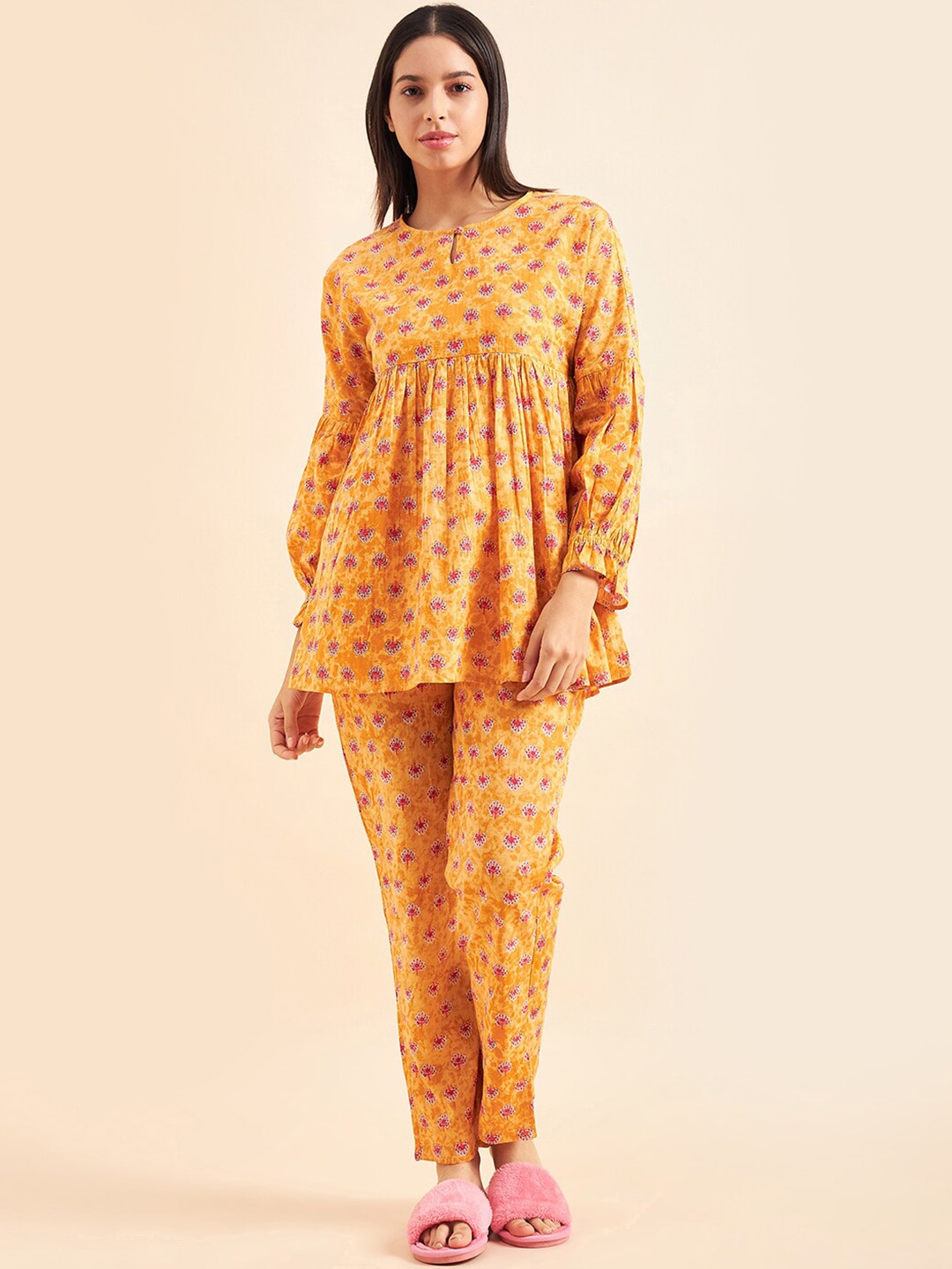 

Sweet Dreams Mustard Yellow & Pink Printed Pure Cotton A-Line Top & Trousers