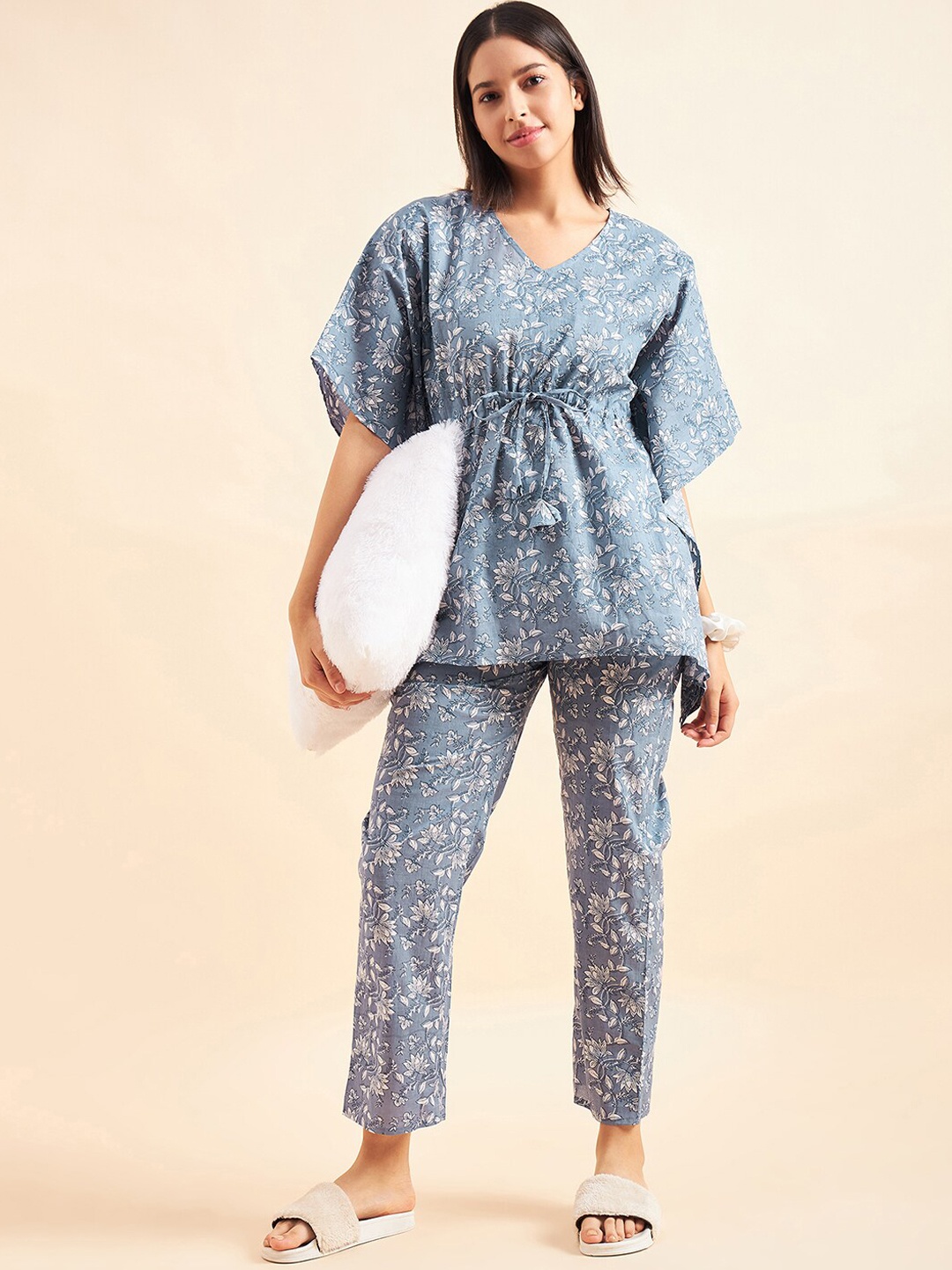 

Sweet Dreams Grey & White Printed V-Neck Pure Cotton Kaftan Top & Trousers