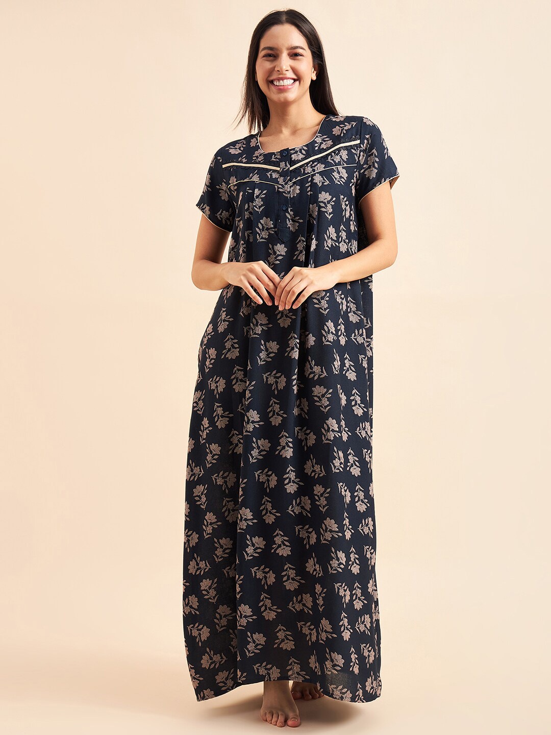 

Sweet Dreams Floral Printed Cotton Maxi Nightdress, Navy blue