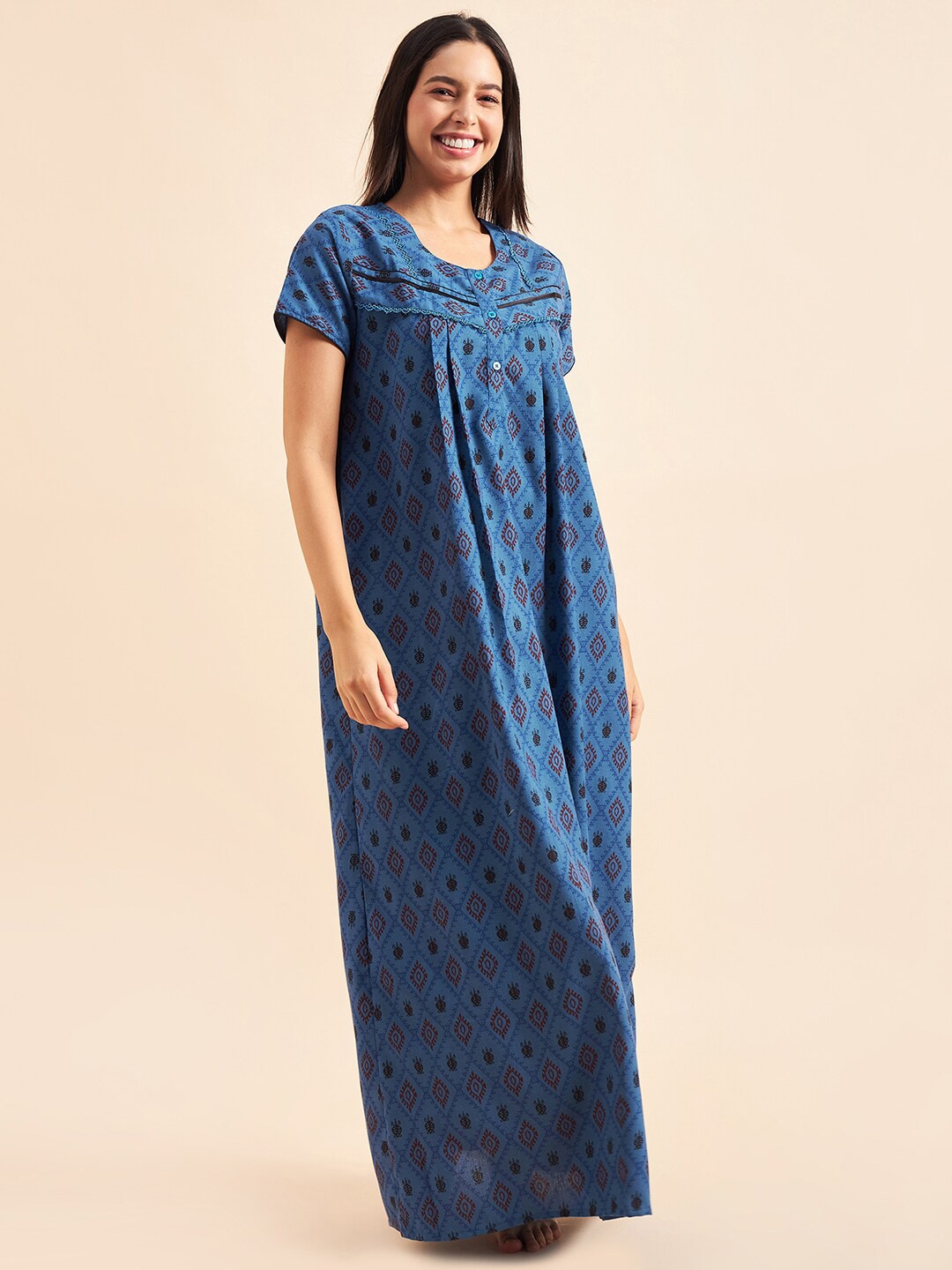

Sweet Dreams Ethnic Motif Printed Cotton Maxi Nightdress, Blue