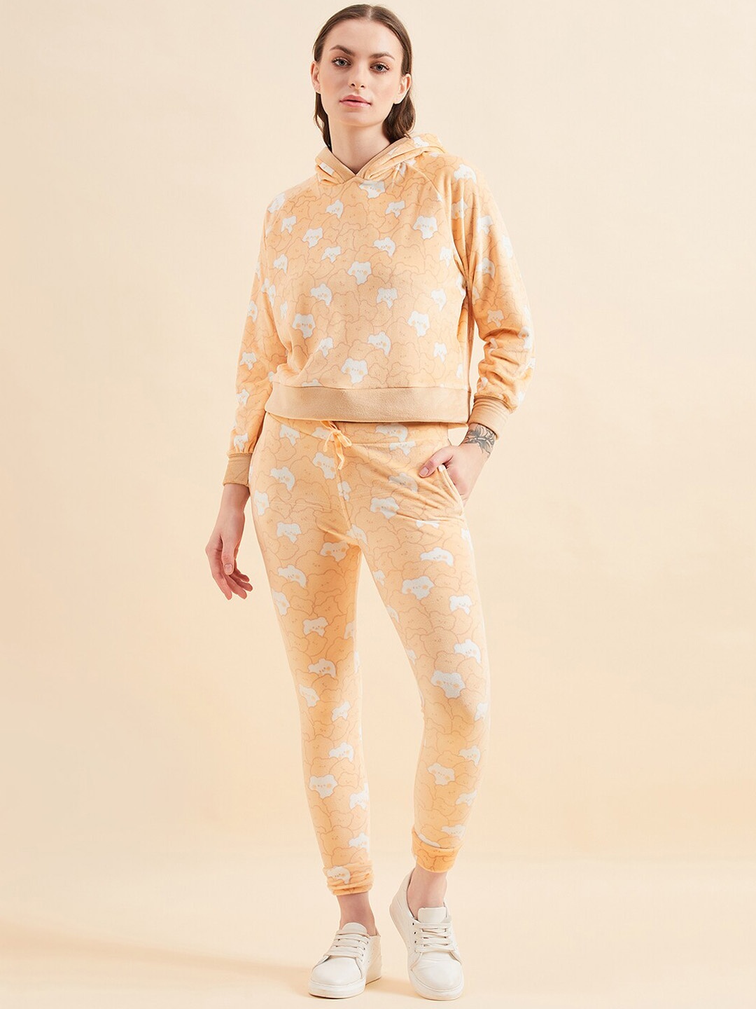 

Sweet Dreams Yellow Conversational Printed Hooded Tracksuits