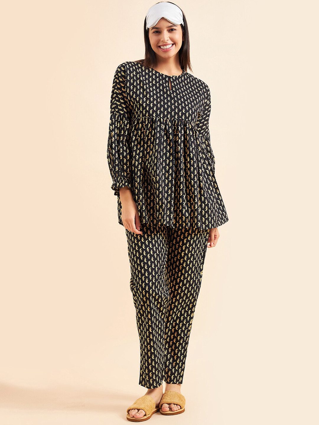 

Sweet Dreams Black & Yellow Printed Pure Cotton A-Line Top & Trousers