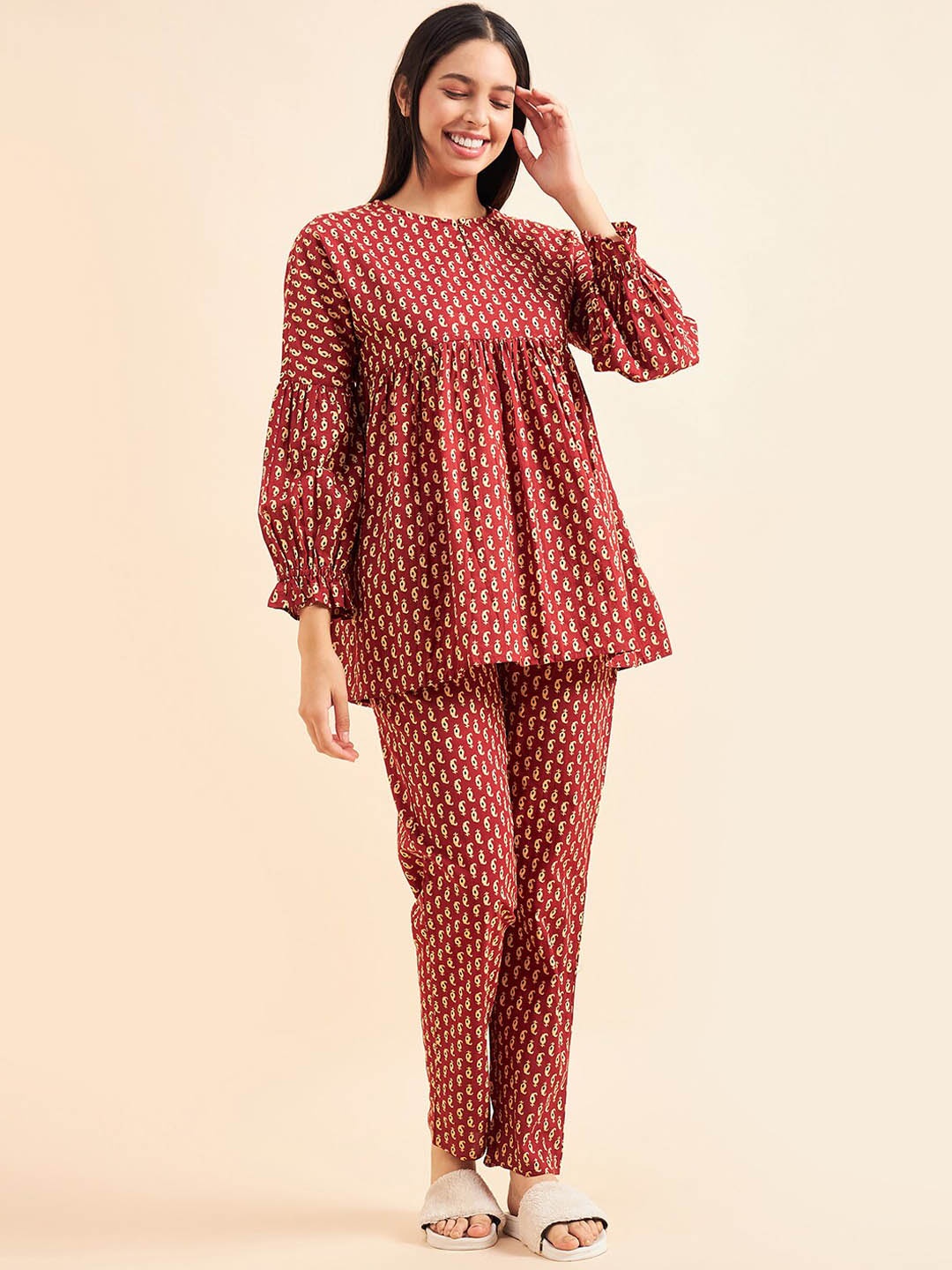 

Sweet Dreams Red & Cream-Coloured Printed Pure Cotton A-Line Top & Trousers