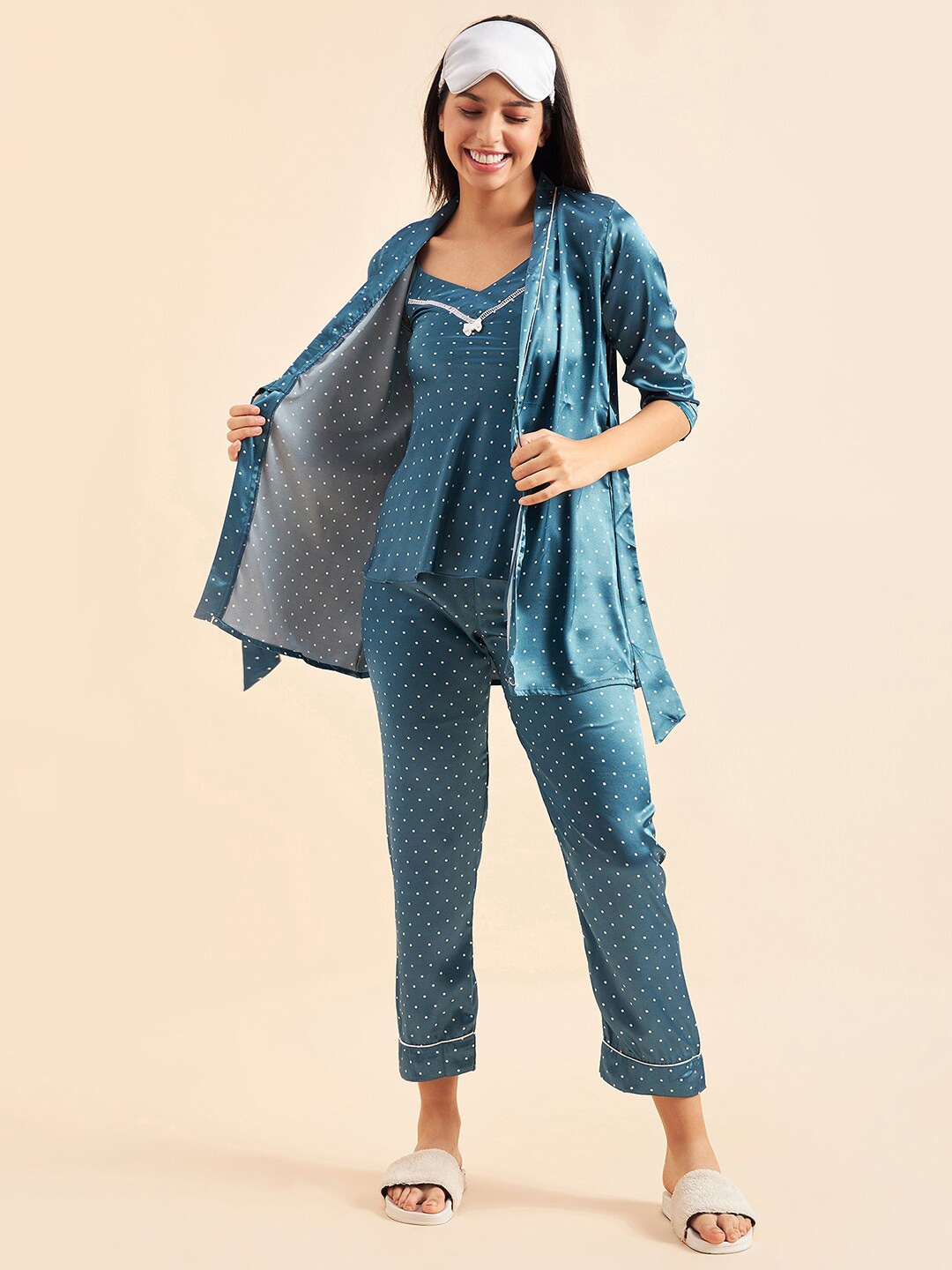 

Sweet Dreams Teal Blue Polka Dot Printed Satin Night suit
