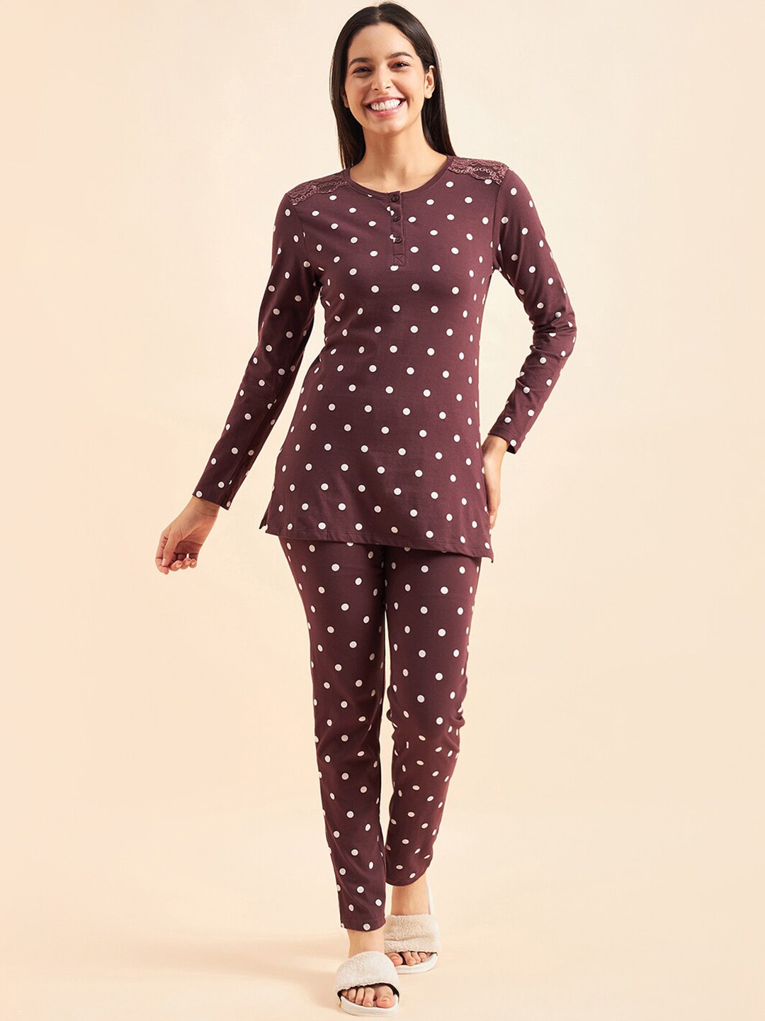 

Sweet Dreams Brown & White Polka Dots Printed Pure Cotton Night Suit