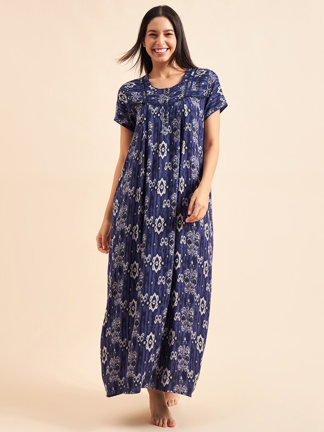 

Sweet Dreams Blue & White Abstract Printed Maxi Pure Cotton Nightdress