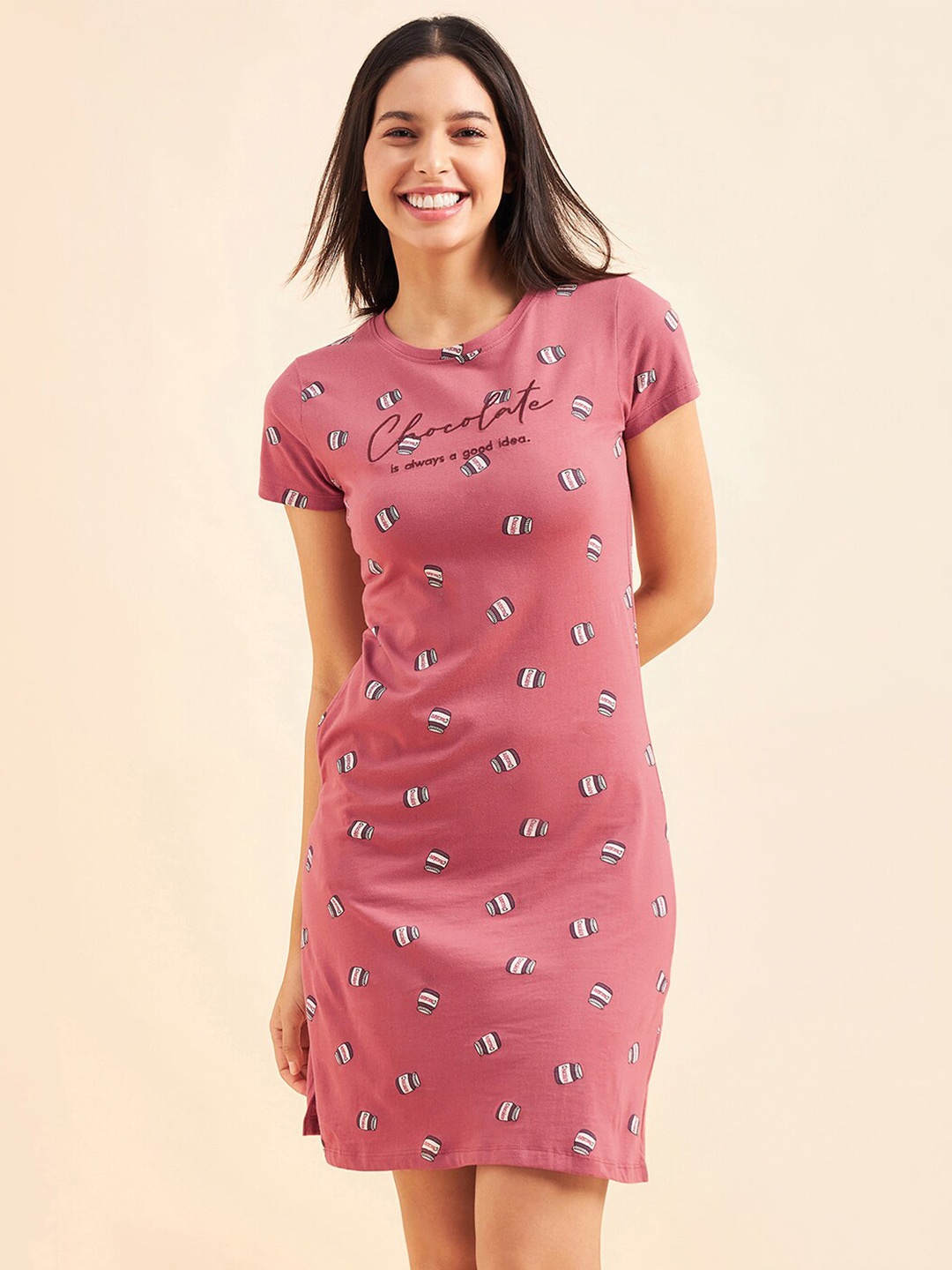 

Sweet Dreams Printed Cotton T-Shirt Nightdress, Pink