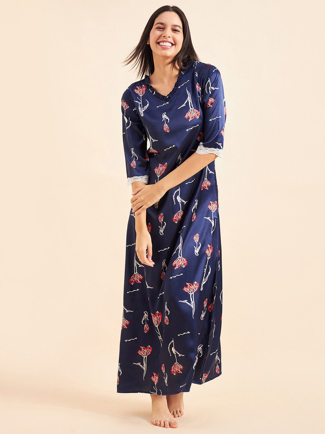 

Sweet Dreams Printed Satin Maxi Nightdress, Navy blue