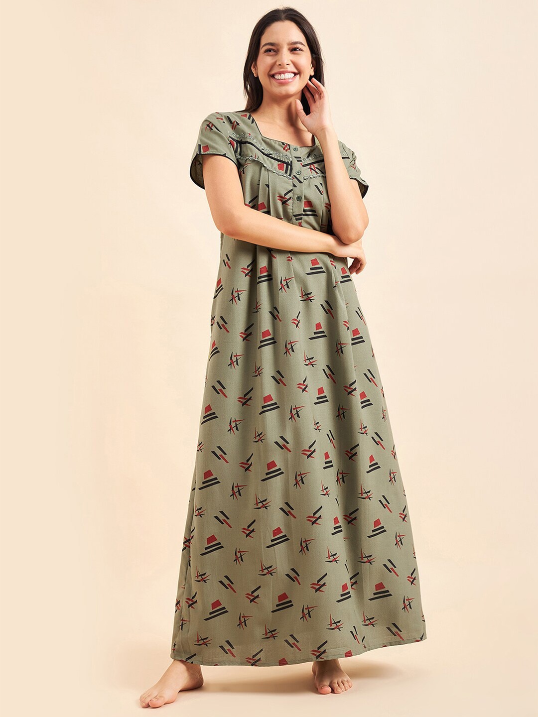 

Sweet Dreams Green & Black Geoemtric Printed Maxi Pure Cotton Nightdress