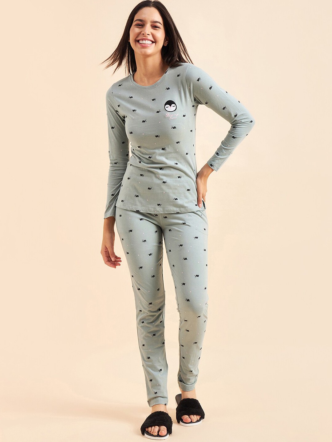 

Sweet Dreams Green & Black Printed Pure Cotton T-Shirt & Trousers