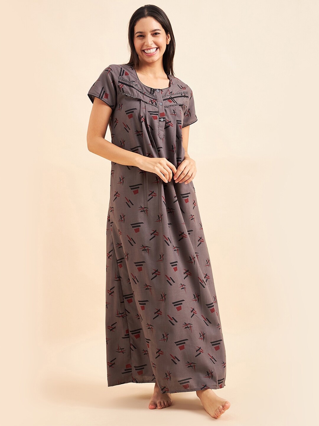 

Sweet Dreams Grey Printed Maxi Pure Cotton Nightdress