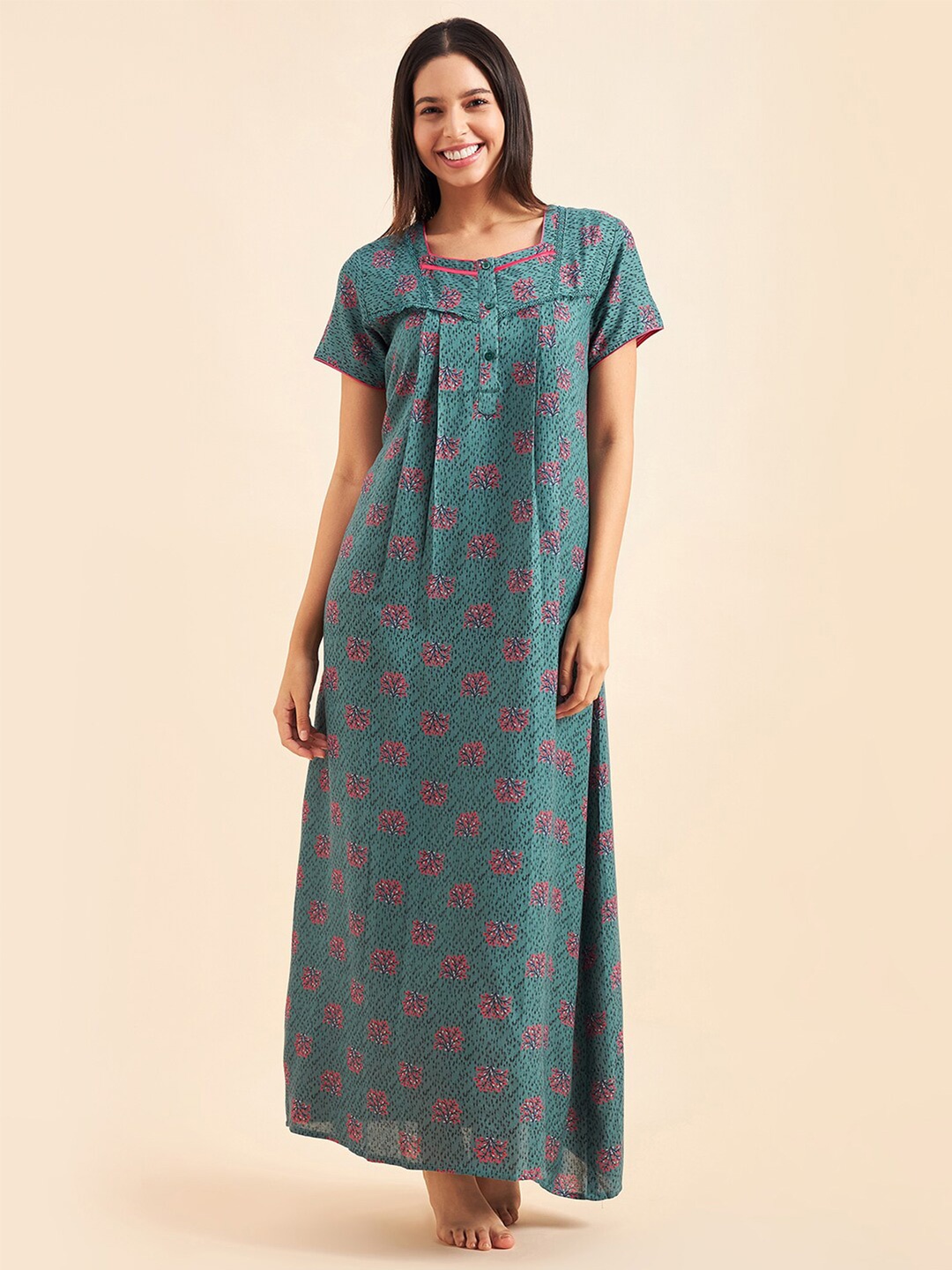 

Sweet Dreams Green & Pink Floral Printed Maxi Pure Cotton Nightdress