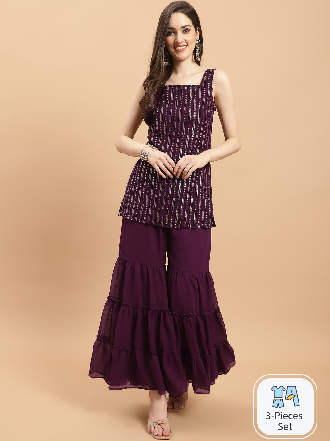 

Purple State Ethnic Embroidered Sequined Mirror Work Kurti with Sharara & Dupatta