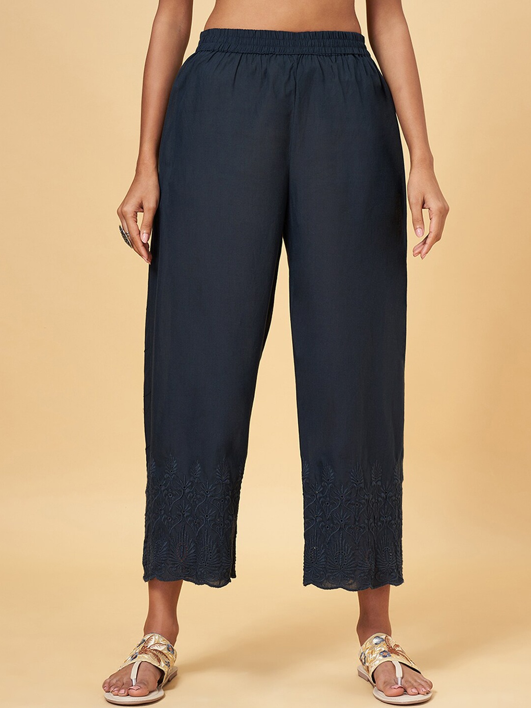 

RANGMANCH BY PANTALOONS Women Floral Embroidered Cotton Parallel Trousers, Blue