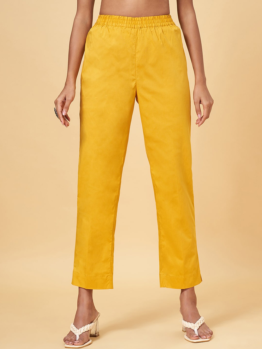 

RANGMANCH BY PANTALOONS Women Mid-Rise Cotton Trousers, Mustard