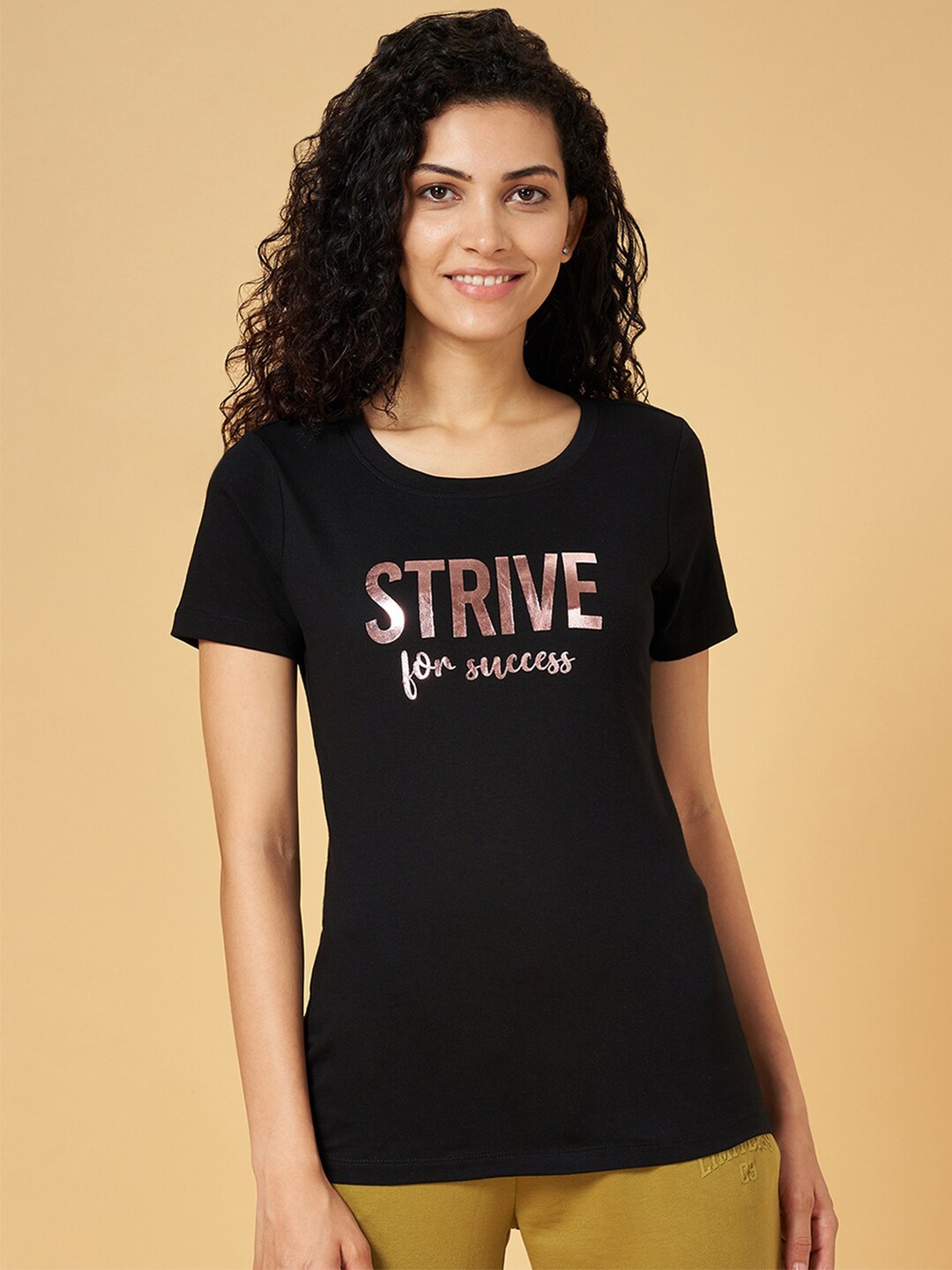 

Ajile by Pantaloons Typography Printed Cotton T-shirt, Black